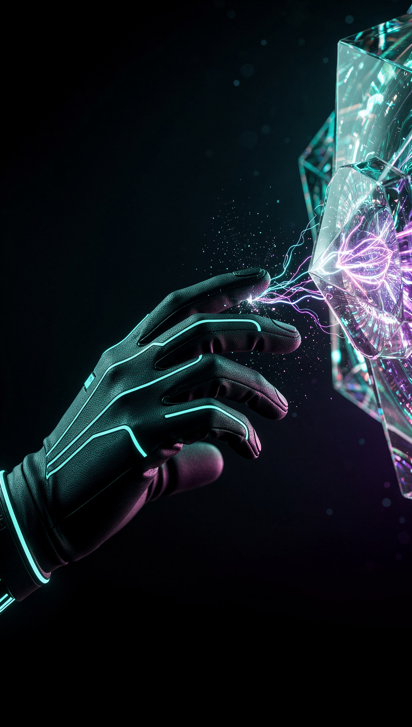 Gloved hand touching crystal energy