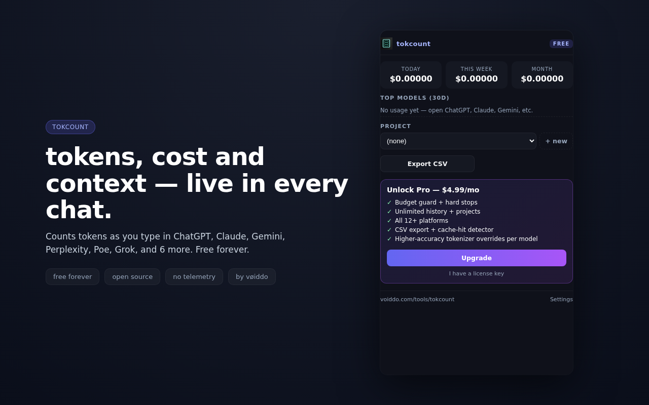 tokcount popup showing live token count and estimated cost