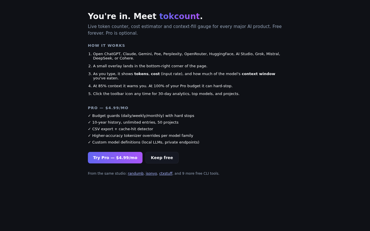 tokcount welcome screen with no-account install messaging