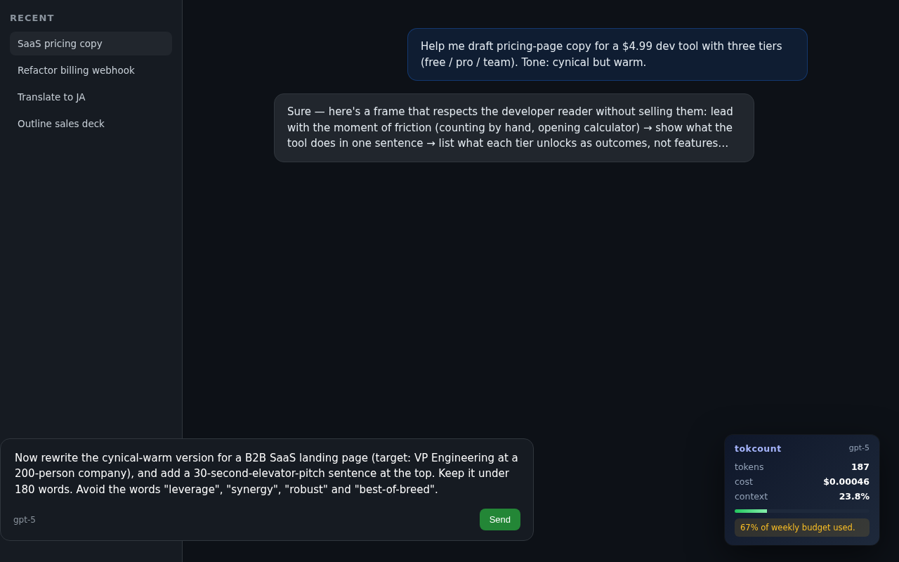 tokcount in action inside a chat composer