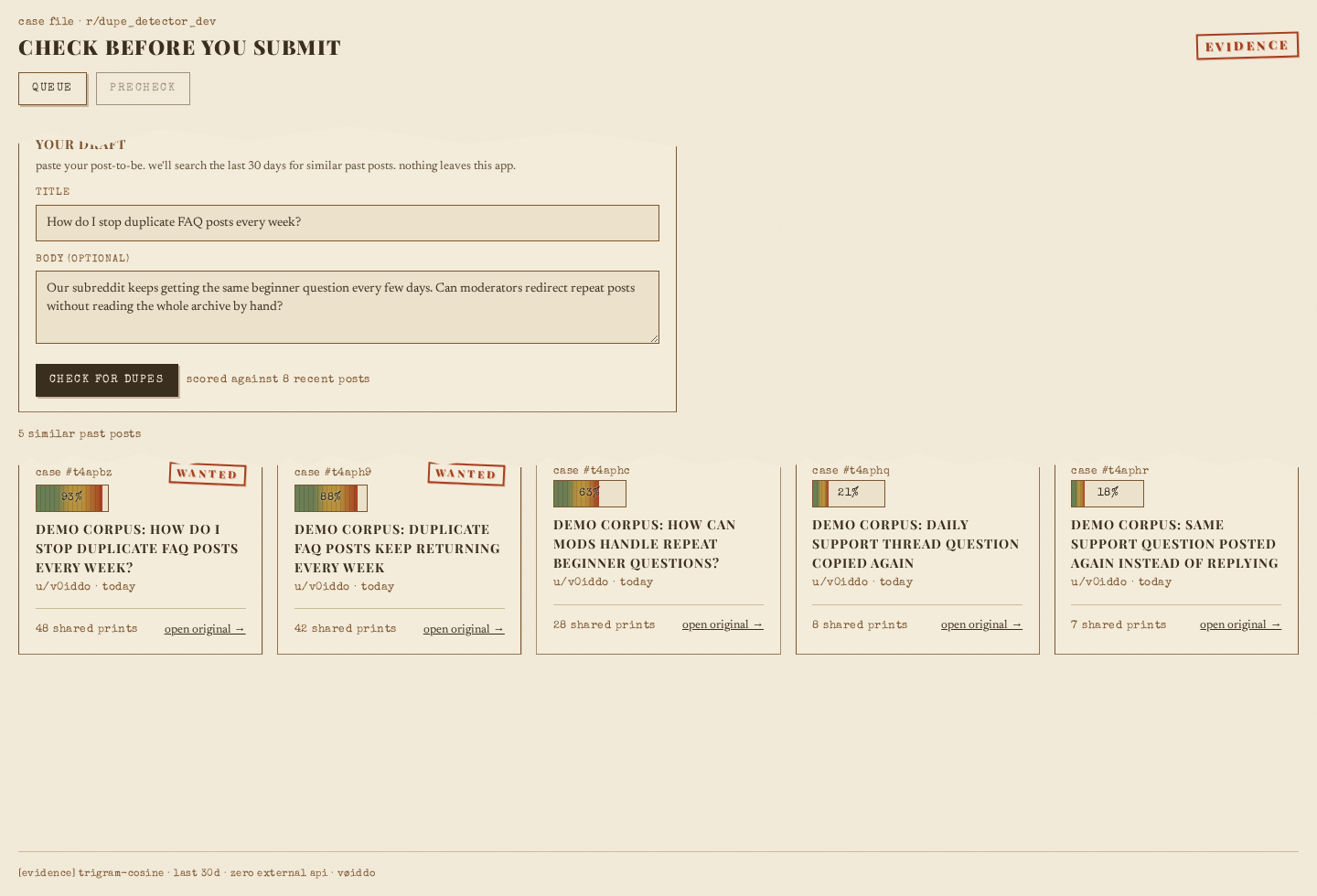 dupe-detector precheck screen showing a draft compared against similar recent posts
