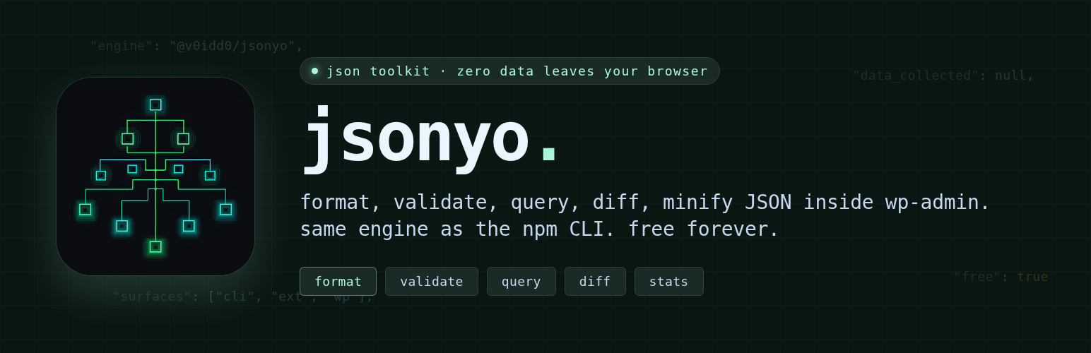 jsonyo banner: format, validate, query, diff JSON